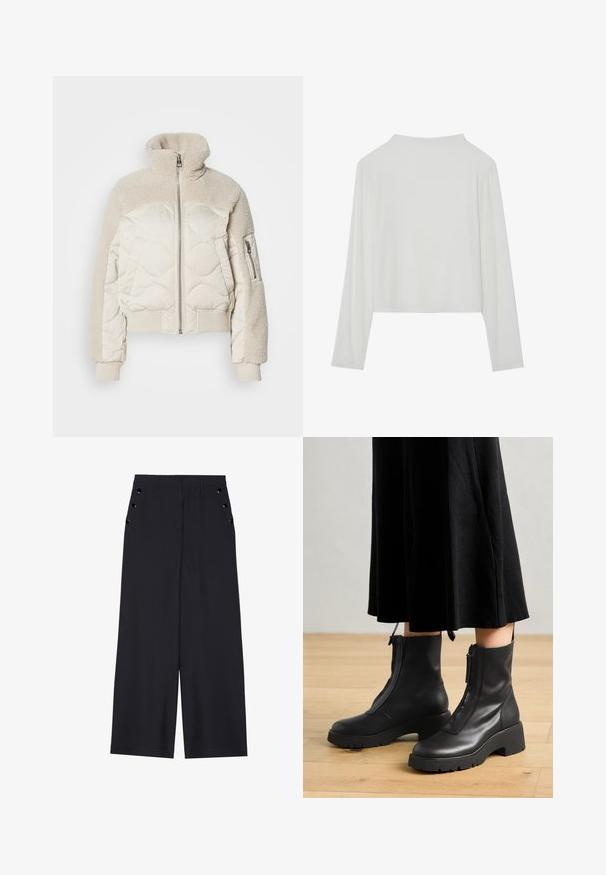 Veste crème rembourrée avec un col haut, accents en sherpa texturé sur les épaules, poignets côtelés et une poche zippée sur le côté.; Haut court à manches longues blanc en tissu côtelé. Doté d'un col arrondi et d'une coupe décontractée avec une texture douce et lisse.; Pantalons ample en tissu bleu marine foncé, avec une texture lisse, des plis avant et des œillets décoratifs en ton doré sur les poches latérales.; Bottines en cuir noir avec une semelle plateforme épaisse et une fermeture éclair à l'avant. Texture lisse avec un design minimaliste.