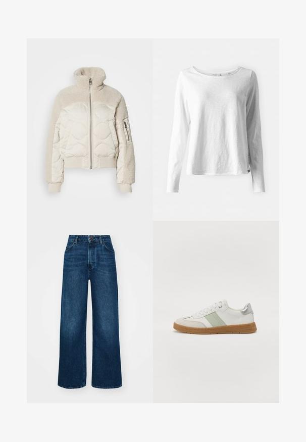 Gewatteerde crèmekleurige jas met een hoge kraag, textuur van sherpa-accenten op de schouders, geribbelde manchetten en een zijzak met rits.; Langarm witte T-shirt van zacht, lichtgewicht materiaal; heeft een ronde hals en een licht aansluitende pasvorm; label zichtbaar aan de zijkant.; Hoge taille, wijde jeans in donkerblauwe denim met een gladde textuur, contraststiksels en een vijf-pocket ontwerp. Sluiting met een knoop aan de voorkant.; TOM TAILOR Sneakers laag - white/mint