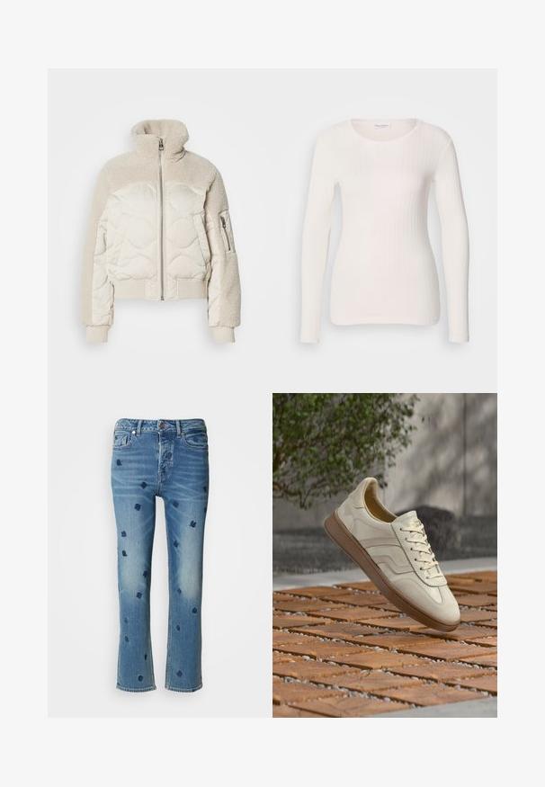 Polstermantel in Creme mit hohem Kragen, strukturierten Sherpa-Akzenten an den Schultern, gerippten Bündchen und einer seitlichen Reißverschlusstasche.; Weißes langärmliges Rippoberteil mit rundem Halsausschnitt, glatter Textur und figurbetontem Design. Dezente vertikale Linien sorgen für eine schlanke Optik.; Hellblaue Jeans aus Denim mit geradem Bein, verziert mit navyblauer floralem Stickerei und einem Used-Look-Effekt nahe den Taschen und dem Saum.; Sneaker in cremefarben mit einer strukturierten, beigen Gummisohle, schnürungsdesign und dezentem Branding an der Seite. Glattes Lederobermaterial.