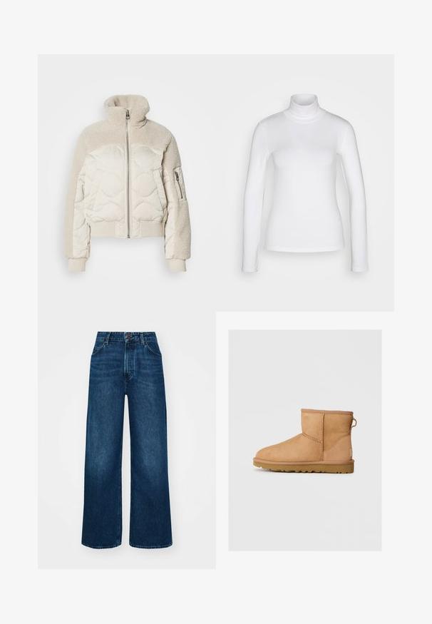 Gewatteerde crèmekleurige jas met een hoge kraag, textuur van sherpa-accenten op de schouders, geribbelde manchetten en een zijzak met rits.; Witte langemouwen turtle neck shirt van een soepel, rekbaar stof. Heeft een strakke pasvorm en een hoge kraag. Geen zichtbare patronen of accenten.; Hoge taille, wijde jeans in donkerblauwe denim met een gladde textuur, contraststiksels en een vijf-pocket ontwerp. Sluiting met een knoop aan de voorkant.; Tan suède enkellaars met ronde neus, gestikte details, trekhaak aan de achterkant en een gestructureerde rubberen zool. Ontworpen voor comfort en warmte.