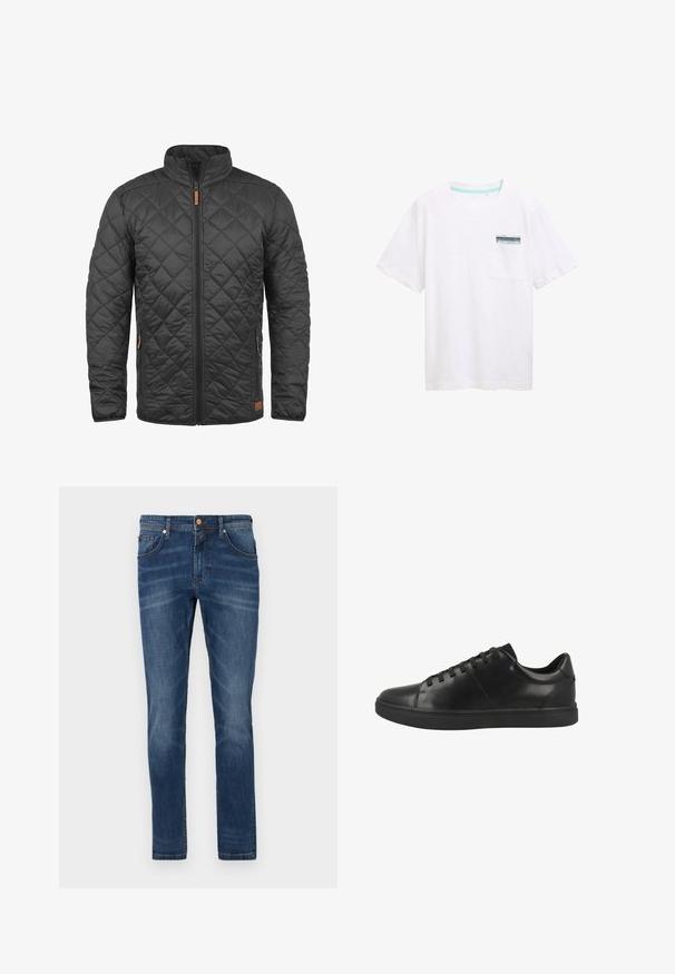 Schwarze gesteppte Jacke mit hohem Kragen, Frontreißverschluss und taupefarbenen Akzenten. Verfügt über diagonale Nähte und seitliche Taschen. Leichtes Material.; Weißes Baumwoll-T-Shirt mit kurzen Ärmeln, ausgestattet mit einer Tasche mit einem blau-weißen Etikett. Glatte Textur und lockere Passform.; Dunkelblaue Jeans aus Denim mit geradem Bein, fünf Taschen, dezente Verwaschungen, kontrastierende Nähte und einem Knopfverschluss an der Taille.; Schwarze Leder-Low-Top-Sneaker mit runder Zehenpartie, flacher Sohle und sechs Ösen-Schnürverschluss. Glatte Textur mit minimalen Designdetails.