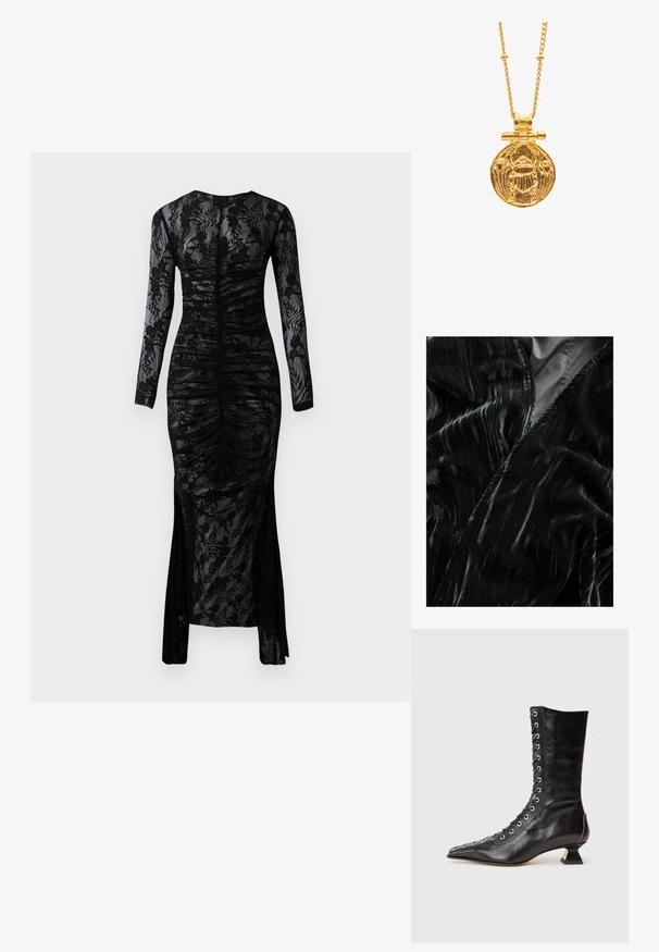 Zwarte fluwelen stof met golvende textuur en subtiele glans. De randen zijn netjes afgewerkt, met een rijk patroon van lichte en donkere strepen.; Zwart langarmige jurk met een getailleerde silhoutte, gerimpeld materiaal en een bloemenkant overlay. Heeft een split aan de onderkant voor extra detail.; Zwarte leren enkelboot met spitse neus, voorlacing, metalen oogjes, lage blokhak en een strakke uitstraling. Gladde textuur, moderne silhouette.; Gouden hangerketting met een circulair scarabontwerp, een tekstuur oppervlak en ingewikkelde details, hangend aan een gedraaide ketting.