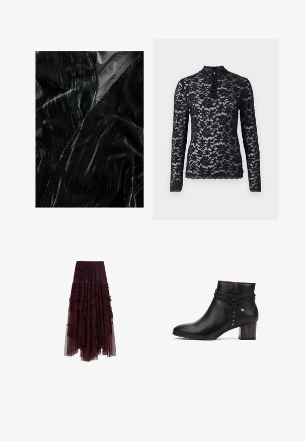 Zwarte fluwelen stof met golvende textuur en subtiele glans. De randen zijn netjes afgewerkt, met een rijk patroon van lichte en donkere strepen.; Rosemunde Longsleeve - black; Bordeaux tulle rok met gerimpelde lagen, elastische tailleband en variërende lengtes, met een zachte, lichte textuur.; Pikolinos CALAFAT - Enkelkaarsjes - black