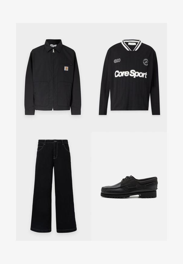 Veste noire zippée avec col, deux poches avant, et petite écusson logo sur la poche poitrine gauche.; T-shirt de sport noir à manches longues avec col rayé blanc, texte ""Core Sport"" à l'avant, et petites pièces sur la zone de la poitrine.; Pantalons larges noirs en denim, dotés d'une fermeture à boutons, de cinq poches et de coutures blanches contrastantes le long des coutures.; Chaussure noire avec un dessus en cuir, des accents textiles, des lacets ronds et une semelle en caoutchouc texturé. Présente des coutures mocassins et des détails de marque.