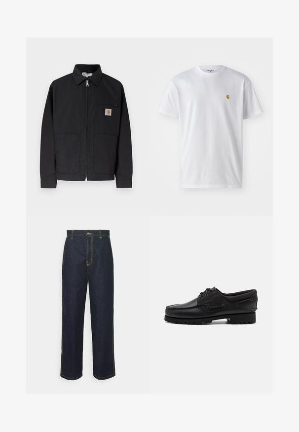 Sort lynlåsskjorte med krave, to forlommer og et lille logopatch på øverste venstre brystlomme.; Hvid bomulds t-shirt med korte ærmer, rund hals og et lille guld logo på venstre brystområde. Blød tekstur og almindelig pasform.; Bredde ben mørke denim jeans med gul syning, der har en frontlukning med knap og sidelommer. Glat tekstur og traditionelt design.; Sort sko med overdel i læder, tekstilaccentuer, runde snørebånd og en tekstureret gummisål. Udstyret med mokkasinsyning og branddetalje.