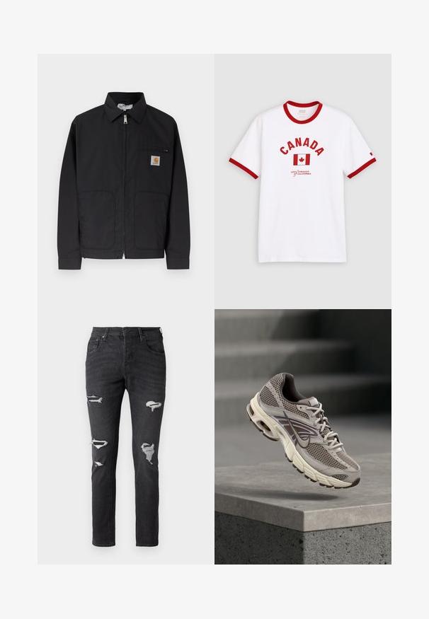 Sort lynlåsskjorte med krave, to forlommer og et lille logopatch på øverste venstre brystlomme.; Hvid kortærmet T-shirt med rød krave og ærmekanter, med teksten "CANADA", et rødt ahornbladflag og Levi's mærke nedenfor.; Sorte denim jeans med en slim fit, der har flere slidte områder og synlige lapper ved knæene. Klassisk fem-lomme design.; Grå og beige Nike løbesko, der svæver i luften over en betonkant med slørede trapper i baggrunden.