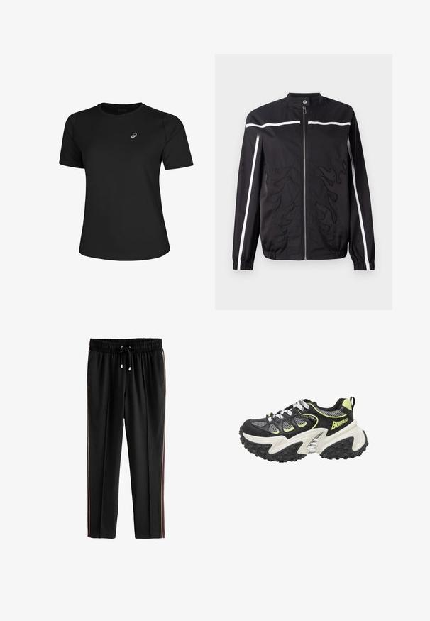 Sort nylonjakke med ståkrave, frontlynlås, hvide striber og flammemønstre syet på fronten. Har elastiske manchetter.; Sort atletisk T-shirt lavet af glat stof, med rund halsudskæring og korte ærmer. Indeholder et reflekterende logo på venstre front.; Sorte sportbukser med elastisk talje og snor, med kontrasterende striber i beige og burgunder ned ad siderne.; Kraftig sort og grå Buffalo sneaker med hvid sål, neon grønne accenter, meshpaneler, tyk mønstret ydersål og sorte og hvide snørebånd.