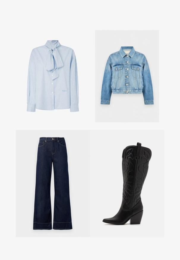Blå denimjakke med lange ærmer, knapper foran, to brystlommer med klap, og klassisk krave på hvid baggrund.; Lyseblå stribet bluse med en sløjfekrave, lange ærmer, knaplukning og et diskret logo i nederste højre hjørne.; Mørkeblå brede jeans lavet af denim. Har en knaplukning, stikninger og sidelommer. Udfoldet nederste kant.; Sorte knæhøje støvler i læder med spids snude og lagdelt hæl. Har dekorative syninger og buede designelementer.