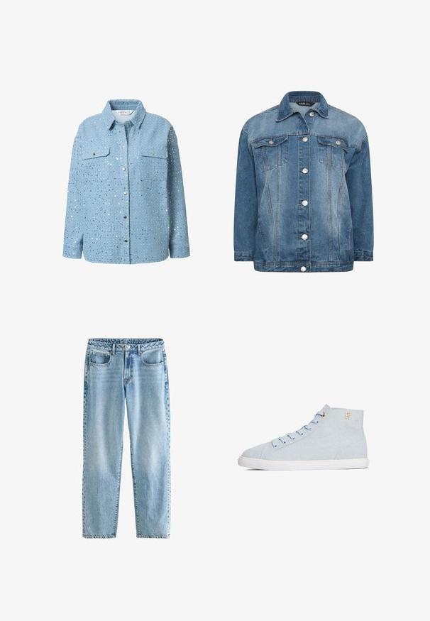 Yours Clothing WASHED OVERSIZED DENIM JACKET - Cowboyjakker - mid blue; Lysblå denimskjorte med sølvfarvede pailletter, lange ærmer, krave, to brystlommer og trykknaplukning. Glat tekstur og detaljeret udsmykning.; Lysblå denimjeans med en afslappet pasform. Har fire lommer, en klassisk knaplukning og minimal falming for en ensartet struktur.; Lyseblå high-top sneaker med stofoverdel, hvid gummisål, snørebånd foran og lille gyldent logo nær anklen på hvid baggrund.