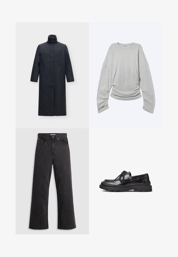 Lang mørkegrå uldfrakke med høj ståkrave og lukning med knapper, med lange ærmer og skjulte knapper foran.; Lysegrå langærmet t-shirt med rund hals, afslappet pasform og let rynkning i bunden, mærket "Weekday" på indersiden af kraven.; Sorte denim bukser med vid ben og høj talje, fem lommer og metalknaplukning. Stoffet har en glat, let falmet tekstur.; Sorte læder bådsko med rund tå, snørebåndsdesign, syninger og en kraftig gummisål med et tekstureret grebmønster.