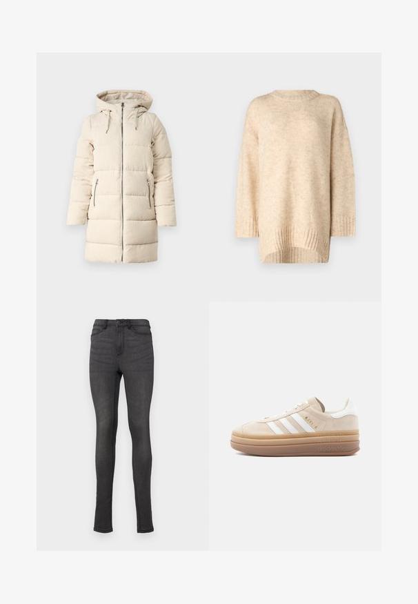 Beige puffer jope, millel on tekstuuriga kootud muster, lukuga eesmine osa, reguleeritav kapuuts ja kaks külgmist lukuga taskut, omades pikka, keha järgivat disaini.; Bež kudumisega sviiter, millel on ribaga ümar kaelaauk, langenud õlgadega ja pikem tagaäär. Pehme tekstuur koos peene mustriga.; Tumedast hallist denimist valmistatud kitsad teksad, millel on kõrge vöökoht, vööaasad ja üks nööpkinnitus. Ei ole nähtavaid kulumise märke ega mustreid.; Beežid seemisnahast tennised valgete nahkaktsentidega, millel on kolm valget triipu, kuldne logo ja paks, läbipaistev kummist tall.