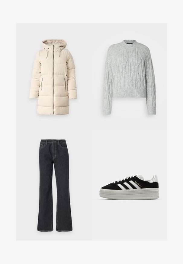 Beige Steppjacke mit strukturiertem Cordmuster, Reißverschluss vorne, verstellbare Kapuze und zwei seitlichen Reißverschlusstaschen, mit einem langen, enganliegenden Design.; Vero Moda Tall VMBAILY HIGHNECK - Strickpullover - light grey melange; Dunkelblaue Schlagjeans mit hoher Taille, goldenen Nähten, fünf Taschen und Knopfverschluss. Glatte Textur, gerades Bein Design.; Schwarze Wildleder-Sneaker mit weißen Lederakzenten, drei weißen Streifen, flachen Schnürsenkeln und einer dicken grauen Plateausohle. Goldenes "Gazelle"-Branding.