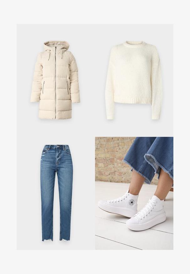 Beige puffer jope, millel on tekstuuriga kootud muster, lukuga eesmine osa, reguleeritav kapuuts ja kaks külgmist lukuga taskut, omades pikka, keha järgivat disaini.; Kerge, kudumiskreemiline sviiter pikkade varrukatega, ümmarguse kaelusega ja ribatud äärtega. Tekstureeritud kangas, lahtise ja mugava lõikega.; Kõrge vöökohaga sinised teksad, sirge jala disain, valmistatud denimist, külgedel rebendite ja peene fade'iga, et lisada tekstuuri ja detaile.; Isik kannab valgeid kõrge säärega Converse tossusid paksude talladega ning lühendatud äärega siniseid teksapükse telliskiviseina ja valge põranda taustal.