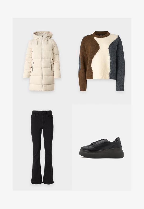 Beige puffer jope, millel on tekstuuriga kootud muster, lukuga eesmine osa, reguleeritav kapuuts ja kaks külgmist lukuga taskut, omades pikka, keha järgivat disaini.; Värviliselt blokitatud sviiter, millel on pruunid, kreemjad ja tumedad hallid toonid. Valmistatud pehmest kangast, millel on soonikkoes kaelaava ja lühendatud disain.; Musträkra mustad flared teksad, kõrge vöökohaga, viie tasku ja tugeva nuppkinnisega. Sile tekstuur, kergelt veniv.; Musthave mustjalgadega jalanõud sileda sünteetilise pealispinnaga, ümarate varvastega ja kuue silmaga. Omab paksu, tekstuuriga talla, mis tagab haarde ja toe.