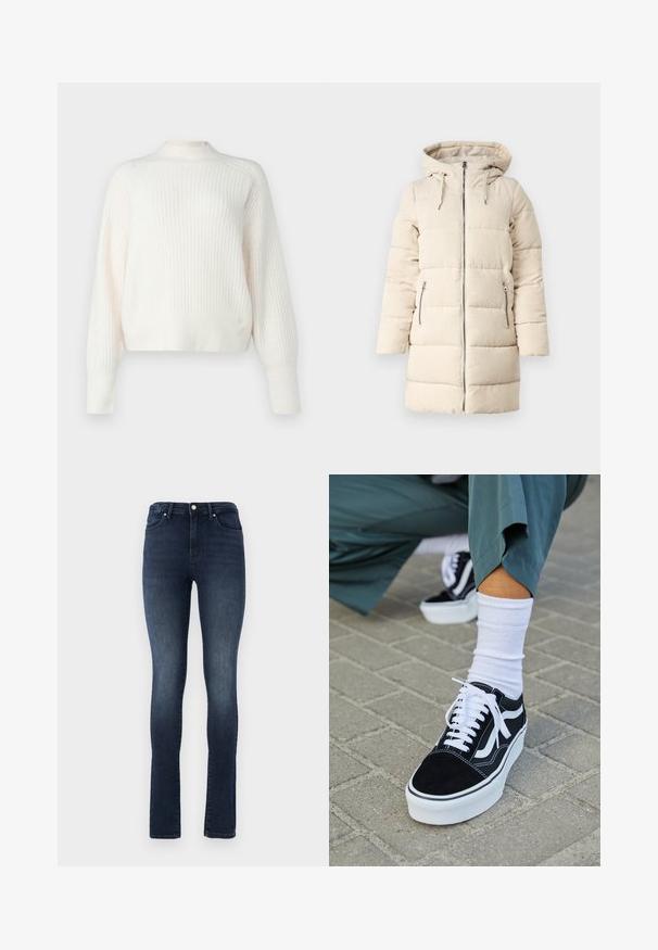 Manteau matelassé beige avec un motif en velours côtelé texturé, fermeture éclair sur le devant, capuche ajustable et deux poches latérales zippées, présentant une coupe longue et ajustée.; Pull en crème clair à côtes avec manches longues et col montant. Texture douce avec une coupe décontractée, présentant de légères lignes verticales.; Jean en denim délavé foncé avec une coupe ajustée, taille haute, design à cinq poches et fermeture à bouton en métal. Texture lisse avec un léger dégradé.; Baskets en suède noir avec des accents et des lacets blancs, présentant une épaisse semelle blanche et des coutures contrastantes, associées à une chaussette blanche.