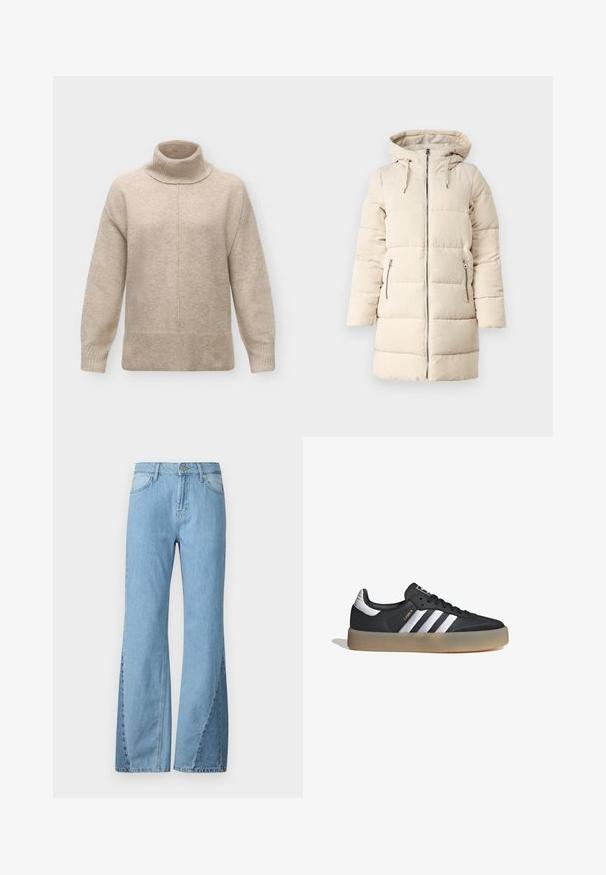 Abrigo tipo plumas beige con un patrón texturizado de pana, cierre delantero con cremallera, capucha ajustable y dos bolsillos laterales con cremallera, que presenta un diseño largo y entallado.; Jersey de lana beige con cuello alto, mangas largas, puños y dobladillo acanalados, y una costura central que corre verticalmente por el delantero.; Vaqueros de mezclilla de corte acampanado en azul claro, con una cintura alta, detalles en las costuras laterales y un diseño clásico de cinco bolsillos.; Zapatilla deportiva de cuero negro con tres rayas plateadas, punta texturizada y suela de goma. Cuenta con un collar acolchado y un diseño con cordones.
