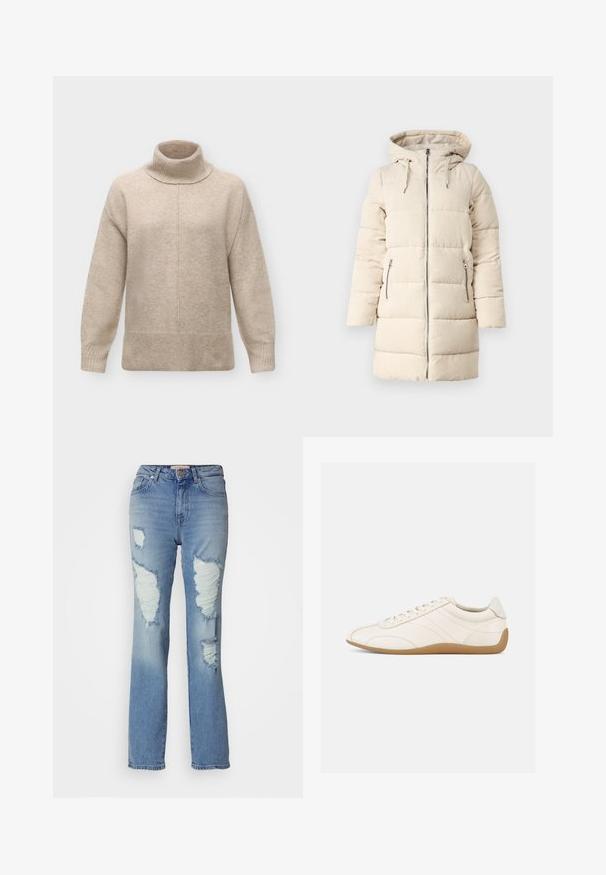 Manteau matelassé beige avec un motif en velours côtelé texturé, fermeture éclair sur le devant, capuche ajustable et deux poches latérales zippées, présentant une coupe longue et ajustée.; Pull col roulé en laine beige avec manches longues, poignets et ourlet côtelés, et une couture centrale verticale sur le devant.; Jean taille haute bleu clair avec une coupe droite. Présente des déchirures prononcées et des bords effilochés à l'avant, fabriqué en tissu denim.; Baskets en cuir blanc à texture lisse, bout arrondi et coutures ton sur ton. Elles comportent une semelle en caoutchouc beige et une fermeture à lacets.