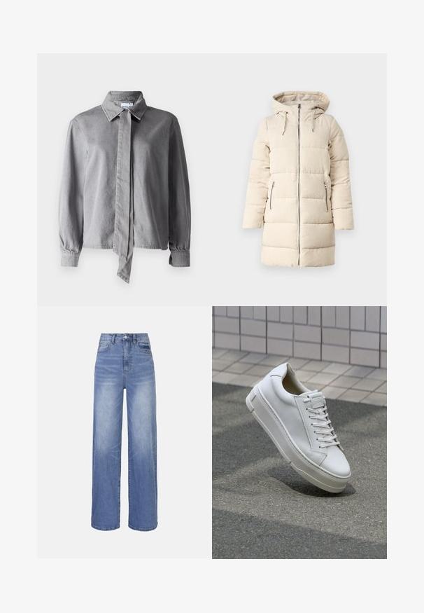 Beige puffer jope, millel on tekstuuriga kootud muster, lukuga eesmine osa, reguleeritav kapuuts ja kaks külgmist lukuga taskut, omades pikka, keha järgivat disaini.; Hallava kaelusega särk, millel on ees sõlmtükk, valmistatud tekstureeritud kangast, pika varrukaga, nööpidega mansettide ja sirge lõikega.; Hele sinised laiad teksapüksid kõrge vöökohaga, nööpidega kinnitusega ja esitaskutega. Omavad pleekinud pesu ja õrna kriimustuse efekti.; Valge nahast toss, millel on madala sääre disain, lamedad paelad, ümar varvas ja tekstureeritud küljed. Paks kummist tald, millel on peened aktsendid.