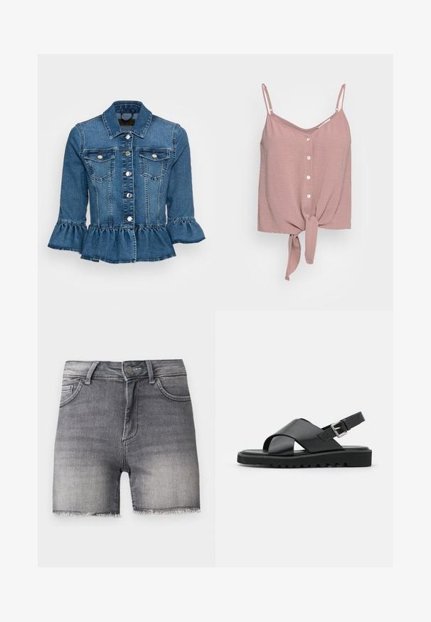 Jeansjacke in mittlerem Blau mit einer Rüschensaum, zwei Brusttaschen, silbernen Knöpfen und einem klassischen Kragen mit dreiviertellangen Ärmeln.; Staubrosa ärmellose Bluse mit V-Ausschnitt, Knopfleiste und geknotetem Saum. Hergestellt aus strukturiertem Stoff mit verstellbaren Spaghettiträgern.; Verblasste schwarze Denim-Shorts mit ausgefransten Säumen, vorn Knopf- und Reißverschluss sowie zwei Vordertaschen auf einfarbigem Hintergrund.; Schwarze Leder-Sandalen mit einem Kreuzriemen-Design, verstellbarem Schnallenverschluss und strukturierten Sohlen mit Rippen für besseren Halt.