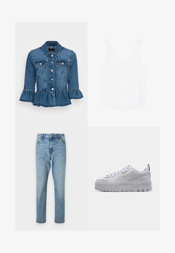 Jeansjacke in mittlerem Blau mit einer Rüschensaum, zwei Brusttaschen, silbernen Knöpfen und einem klassischen Kragen mit dreiviertellangen Ärmeln.; Weißes ärmelloses Tanktop mit tiefem Rundhalsausschnitt und breiten Schulterträgern, flach auf einem weißen Hintergrund liegend dargestellt.; Hellblaue, hoch taillierte Jeans mit geradem Bein, vorne mit Knopf- und Reißverschluss, vorderen Taschen und dezenten ausgewaschenen Details.; Weiße Plattform-Sneaker mit einem glatten Lederoberteil, gepolstertem Kragen, grauer Gummisohle und goldenen Akzenten mit dem Puma-Logo.
