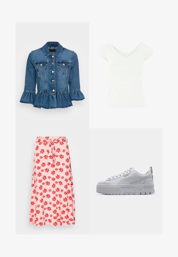 Veste en denim bleu moyen avec un ourlet froncé, deux poches poitrine, des boutons argentés, et un col classique avec des manches trois-quarts.; Haut blanc à manches courtes avec un design croisé en V, fabriqué dans un tissu lisse. Il présente une silhouette ajustée et un ourlet net.; Even&Odd by Zalando Jupe trapèze - light pink; Baskets plateformes blanches avec une tige en cuir lisse, un col rembourré, une semelle en caoutchouc grise et des accents dorés arborant le logo Puma.
