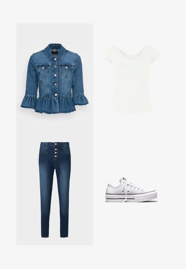 Veste en denim bleu moyen avec un ourlet froncé, deux poches poitrine, des boutons argentés, et un col classique avec des manches trois-quarts.; Haut blanc à manches courtes avec un design croisé en V, fabriqué dans un tissu lisse. Il présente une silhouette ajustée et un ourlet net.; Jean en denim bleu foncé avec une taille haute, une fermeture à cinq boutons et deux poches avant. Texture lisse avec des détails de couture contrastants.; Baskets basses en toile blanche avec lacets blancs, semelle en caoutchouc, détails à rayures noires, et écusson logo sur la languette et le talon.