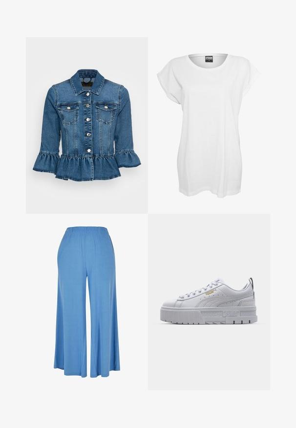 Jeansjack in medium blauw met een gerimpelde zoom, twee borstzakken, zilveren knopen en een klassieke kraag met driekwartmouwen.; Witte kortomoto T-shirt van katoen, met een ontspannen pasvorm, wijde halslijn en een minimalistisch ontwerp zonder patronen of accenten.; Lichtblauwe wijde broek van zacht materiaal, met een elastische tailleband en een losse pasvorm die tot halverwege de kuit reikt.; Witte platform sneakers met een leren bovenwerk, gevoerde kraag, grijze rubberen zool en gouden accenten met het Puma-logo.