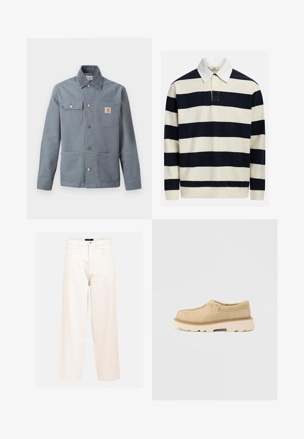 Grijze werkjas met knopen en vier voorzakken, waarvan één klepzak met knoop, Carhartt logopatch op de borstzak en een corduroy kraag.; Gestreepte trui in marineblauw en crème, met een klassieke kraag, een drieknopenpasje en een getextureerde geribbelde stof. Voorzien van een geborduurd logo.; Lichtbeige wijdvallende jeans van katoen denim met een hoge taille, vijfzakkenontwerp en een enkele sluiting met knoop aan de voorkant.; Beige suède instapschoen met dikke witte zool en UGG-logo op de zijkant, weergegeven op een effen lichtgrijze achtergrond.