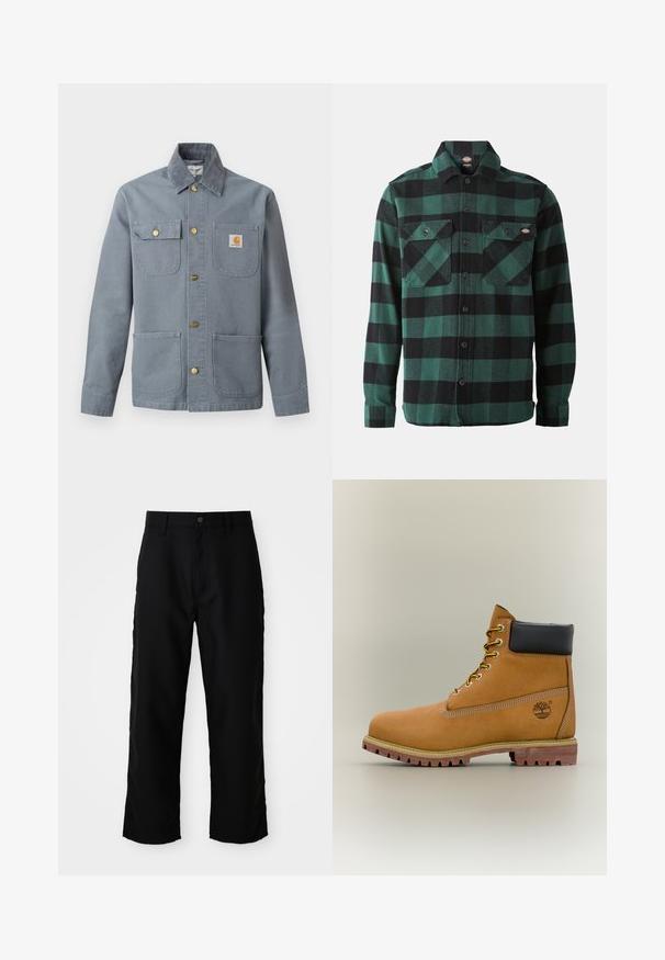 Grå arbejdsskjortejakke med fire forlommer, én klaplomme med knap, Carhartt-logo patch på brystlommen og ribkrave.; Grøn- og sortternet flannel skjorte med lange ærmer, knaplukning foran, to brystlommer og en klassisk krave. Blød tekstur, alsidigt design.; Sorte lige ben bukser med bæltestropper, frontknap og lynlås lukning på ensfarvet lys baggrund.; Brun læderankelstøvle med sort krave, gule snørebånd og tanfarvet sål. Har logo og hvide syninger som detalje. Robust ydersål med greb.