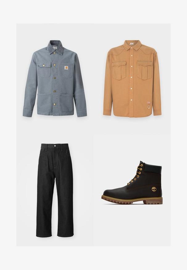 Grijze werkjas met knopen en vier voorzakken, waarvan één klepzak met knoop, Carhartt logopatch op de borstzak en een corduroy kraag.; Bruine denim blouse met twee borstzakken, puntkraag, knopen aan de voorkant en contrasterende stiksels. Voorzien van een logopatch en lusdetail.; Zwarte denim broek met een relaxte pasvorm, hoge taille, ritssluiting en vijf-pocket ontwerp. Duidelijke stiksels als accent door het hele ontwerp.; Zwarte leren enkellaars met gouden oogjes, bruine accenten en een rubberen zool. Heeft een gevoerde kraag en geperst logo aan de zijkant.