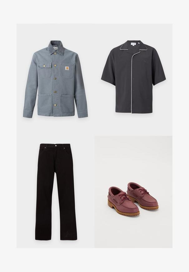 Chaqueta de trabajo gris con botones, cuatro bolsillos frontales, un bolsillo con solapa y botón, parche con el logo de Carhartt en el bolsillo del pecho y cuello de pana.; Camisa de manga corta color gris oscuro con botones, ribete blanco en el cuello y la parte delantera, con pequeño logo de Lacoste bordado en el pecho.; Vaqueros negros de corte recto con cinco bolsillos y cierre de botón plateado, presentados extendidos sobre un fondo blanco.; Un par de zapatos de barco de cuero marrón oscuro con suelas de goma gruesas color beige y cordones rojos sobre un fondo blanco.