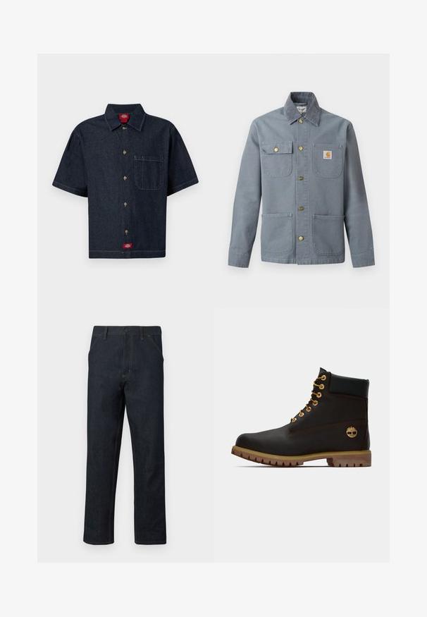 Veste de travail grise à boutons avec quatre poches avant, une poche à rabat avec un bouton, patch logo Carhartt sur la poche poitrine, et col en velours côtelé.; Chemise boutonnée à manches courtes en denim foncé avec poche poitrine, col, et étiquettes de marque visibles au col et à l'ourlet inférieur.; Jean en denim bleu foncé avec une coupe droite, coutures jaunes, poches avant et une fermeture à bouton à la taille.; Bottine noire en cuir avec œillets dorés, accents marron et semelle en caoutchouc. Comprend un col rembourré et un logo estampé sur le côté.
