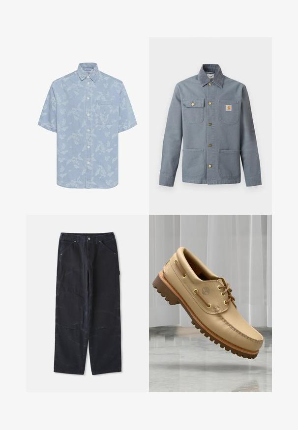 Grå arbejdsskjortejakke med fire forlommer, én klaplomme med knap, Carhartt-logo patch på brystlommen og ribkrave.; Lysblå kortærmet skjorte med hvidt blomsterprint, knaplukning foran og enkelt brystlomme. Lavet af denim-lignende materiale.; Sorte vide bukser lavet af denim med en tekstureret overflade, med forlommer og en klassisk knaplukning.; Lysbrune læderbådsko med tyk, rillet sål og snøre detaljer, svævende over et marmor gulv med baggrund af hvide lodrette persienner.