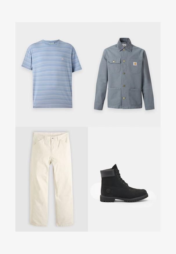 Grijze werkjas met knopen en vier voorzakken, waarvan één klepzak met knoop, Carhartt logopatch op de borstzak en een corduroy kraag.; Lichtblauw gestreept t-shirt met horizontale witte strepen, ronde hals en een klein roze logo op de linkerkant van de borst. Zacht katoenen stof.; Lichtbeige katoenen broek met een ontspannen pasvorm, rechte pijpen en voorzakken. Voorzien van een knoopsluiting en een eenvoudig, strak ontwerp.; Zwarte leren enkellaars met een ronde neus, zes oogjes vetersluiting, gevoerde kraag, gestructureerde zool en het Timberland-logo aan de zijkant.