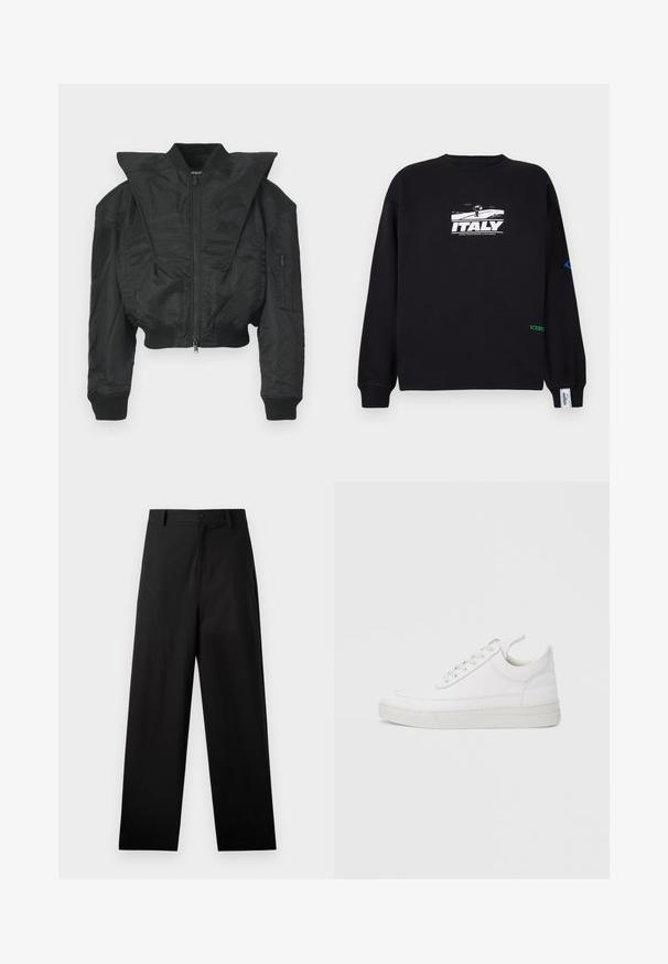 Sort bomberjakke med cropped design, bred krave, ribbet manchetter og lynlåslomme på siden. Fremstillet af glat, let stof.; Iceberg Sweatshirt - nero; Sorte bukser lavet af bomuld med lige ben-design, der har en frontknaplukning og sidelommer. Glat tekstur, ingen mønstre.; Hvid lædersneaker med rundet tå, flad sål og snørebånd foran. Har syningsdetaljer og polstret krave for komfort.
