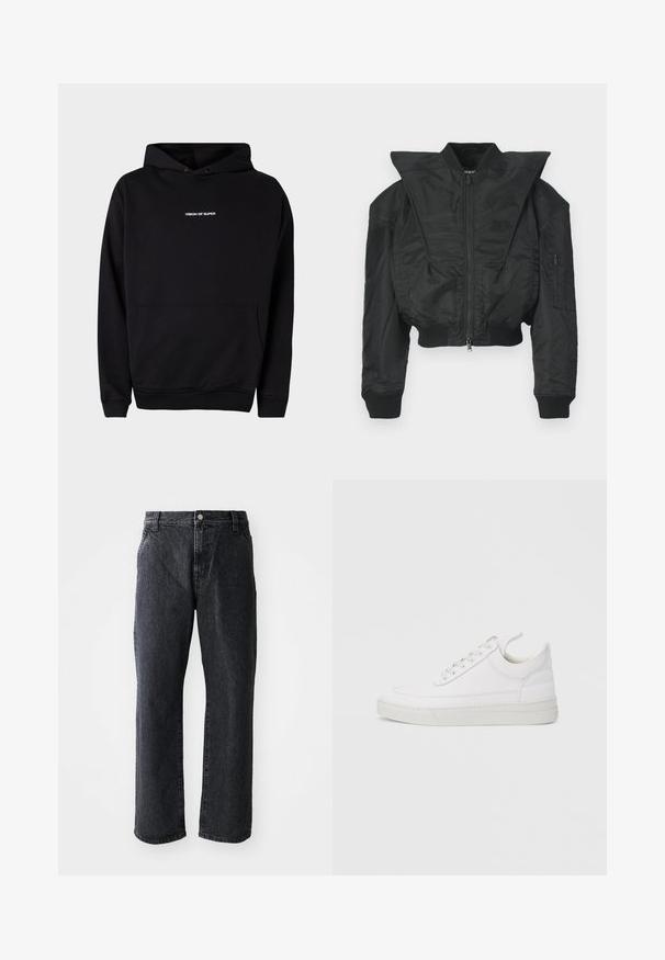 Schwarze Bomberjacke mit kurzem Schnitt, weitem Kragen, gerippten Bündchen und seitlicher Reißverschlusstasche. Hergestellt aus glattem, leichtem Stoff.; Schwarzer Kapuzenpullover mit einer Vordertasche und weißem "VISION OF SUPER"-Text auf der Brust. Hergestellt aus weichem Stoff mit gerippten Bündchen.; Schwarze Denim-Jeans mit geradem Schnitt, ausgestattet mit einem Knopfverschluss, fünf Taschen und subtiler Textur. Klassisches Design ohne auffällige Muster.; Weißer Ledersneaker mit abgerundetem Zehenbereich, flacher Sohle und Schnürverschluss. Verfügt über Nahtdetails und einen gepolsterten Kragen für zusätzlichen Komfort.