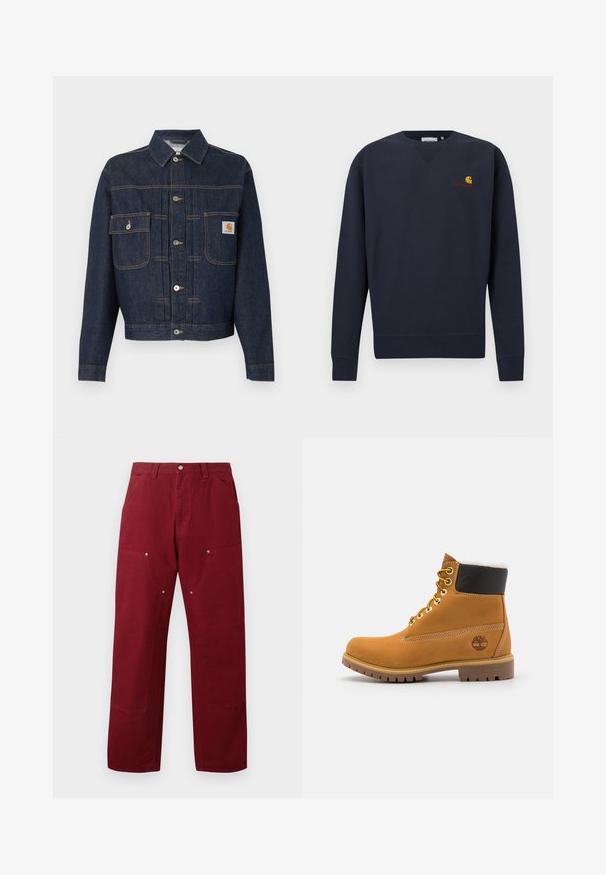 Mørkeblå denimjakke med knaplukning foran, to brystlommer—én med knapklap, den anden med et lille mærke på højre lomme.; Mørkeblå sweatshirt med V-hals, ribstrikkede manchetter og kant, med en lille Carhartt-logo i orange og gul broderet på brystet.; Bordeaux farvede bomuldsbukser med lige snit, som har to forlommer, sølvhardware og knædetaljer. Glat tekstur, mellem vægt.; Brune læder ankelstøvle med metaløjer, hvid pelsforing, sort polstret krave, robust sål og præget logo på siden.