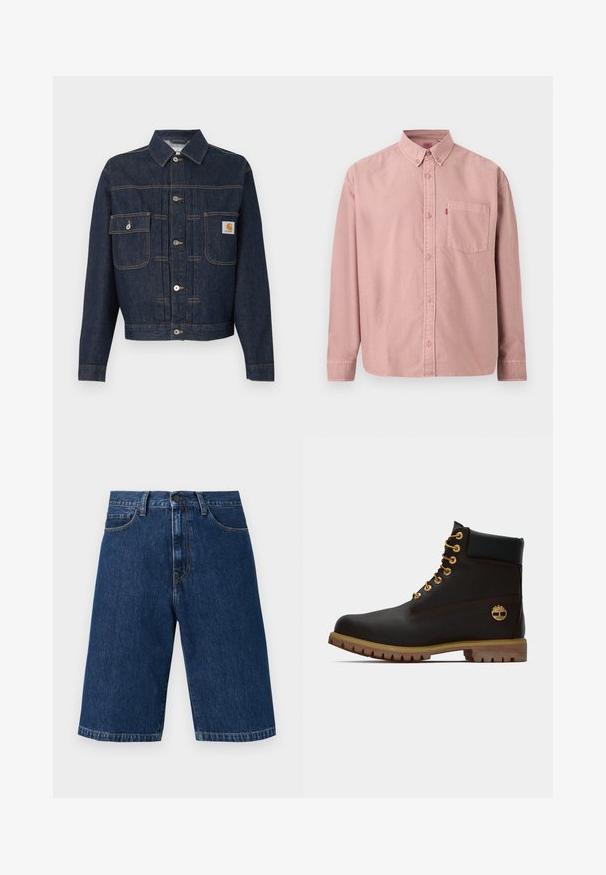 Dark blue denim jacket with button front, two chest pockets—one with button flap, the other with a small label on the right pocket.; Long-sleeve, button-up pink shirt with a front pocket and button-down collar, displayed against a plain background.; Dark blue denim knee-length shorts with front button, zipper, belt loops, two front pockets, and visible orange stitching.; Black leather ankle boot with gold eyelets, brown accents, and a rubber sole. Features a padded collar and embossed logo on the side.