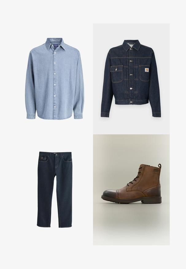 Dunkelblaue Jeansjacke mit Knopfleiste, zwei Brusttaschen – eine mit Knopflappe, die andere mit einem kleinen Etikett auf der rechten Tasche.; Himmelblaue Jeanshemd mit langen Ärmeln, Kragen und weißen Knöpfen, präsentiert vor einem schlichten weißen Hintergrund.; Dunkelblaue Jeans aus Denim mit geradem Bein, ausgestattet mit Vordertaschen und dezenten Steppnähten. Glatte Textur, klassischer Stil.; Brauner Leder-Schnürstiefel bis zum Knöchel mit schwarzer Zehenkappe, runder Sohle und Markenlabel an der Seite vor schlichtem Hintergrund.