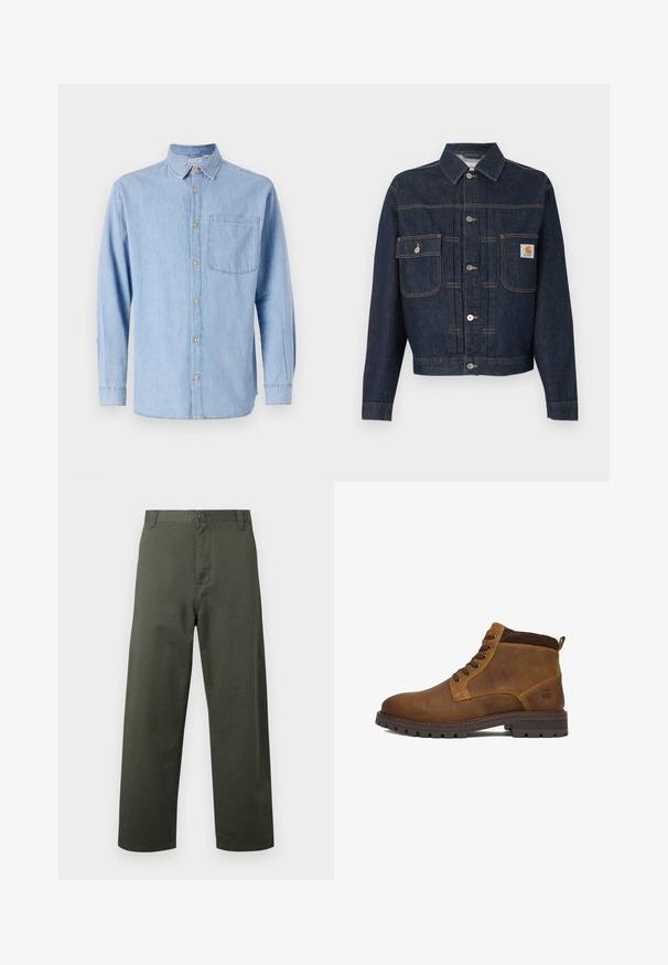 Dunkelblaue Jeansjacke mit Knopfleiste, zwei Brusttaschen – eine mit Knopflappe, die andere mit einem kleinen Etikett auf der rechten Tasche.; Helles blaues Denimhemd mit Button-Down-Kragen, langen Ärmeln und einer einzelnen Brusttasche. Mit braunen Knopf-Details und kontrastierenden Nähten.; Grüne Baumwollhose mit geradem Schnitt, mit Knopfverschluss vorne und seitlichen Taschen. Glatte Textur, einfacher Stil und keine sichtbaren Muster.; Braune Leder-Stiefeletten mit glatter Oberfläche, Schnürung, robuster Sohle und einem strukturierten braunen Stoffkragen. Mit einem Logo an der Seite versehen.