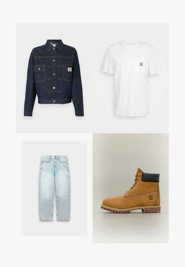 Donkerblauwe spijkerjasje met knoopsluiting aan de voorkant, twee borstzakken—één met knoopklep, de ander met een klein label op de rechterzak.; Witte katoenen t-shirt met korte mouwen, een borstzak en een klein vierkant logo-opdruk in oranje en wit op de zak.; Lichtblauwe denim jeans met een losse pasvorm, rechte pijpen, vervaagd textuur, vijf-pocket ontwerp en metalen knoopsluiting bij de taille.; Bruine leren enkellaars met zwarte kraag, gele veters en een zandkleurige zool. Voorzien van een logo en witte stikseldetails. Robuuste loopzool met grip.