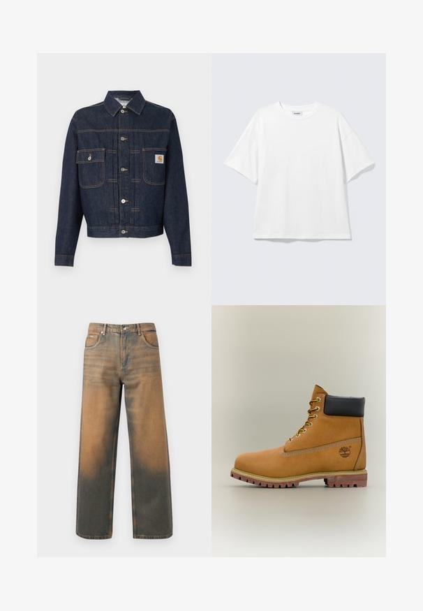 Mørkeblå denimjakke med knaplukning foran, to brystlommer—én med knapklap, den anden med et lille mærke på højre lomme.; Hvid oversized t-shirt med korte ærmer og rund halsudskæring med sænkede skuldre, fladt lagt på lys grå baggrund.; Videbenede jeans i slidte blå og brune denim. Har høj talje, forlommer og en klassisk knaplukning med metaldetaljer.; Brun læderankelstøvle med sort krave, gule snørebånd og tanfarvet sål. Har logo og hvide syninger som detalje. Robust ydersål med greb.