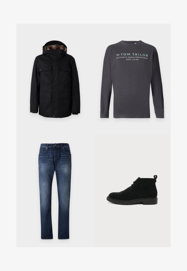 TOM TAILOR FIELDJACKET - Vinterfrakke - black; TOM TAILOR PRINTED - Langærmet T-shirt - tarmac grey; Mørkeblå denimjeans med lige ben design, der har en falmet vask, fem lommer og synlige stikninger langs sømmene.; Sort ruskind ankelstøvle med snørebånd foran, rundet tå, trækflig på hælen og lav bloksål vist i sideprofil på hvid baggrund.