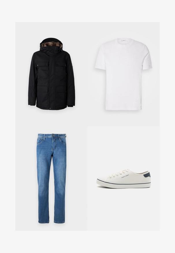 TOM TAILOR FIELDJACKET - Wintermantel - black; Weißes Baumwoll-T-Shirt mit Rundhalsausschnitt und kurzen Ärmeln. Verfügt über ein dezentes Logo auf der Vorderseite, eine glatte Textur und eine klassische Passform.; Jeans aus Denim in Mittelblau mit geradem Schnitt. Verfügt über fünf Taschen, einen Knopfverschluss und sichtbare Nähte entlang der Säume.; Leinen-Sneaker in Off-White mit marineblauen Akzenten, runde Spitze, Schnürdesign und strukturierten Gummisohle. Schlichte und klare Ästhetik.