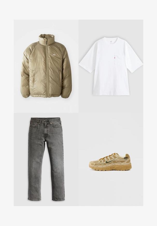 Hellbraune gepolsterte Jacke mit hohem Kragen, Frontreißverschluss, Seitentaschen und kleinem weißen "OBEY"-Logo auf der linken Brust.; Weißes Baumwoll-T-Shirt mit kurzen Ärmeln, rundem Ausschnitt und Brusttasche auf der linken Seite. Mit kleinem rotem Logotag an der Tasche.; Graue Jeans aus Denim mit geradem Bein, ausgestattet mit fünf Taschen, kupfernen Nieten und sichtbaren Nähten. Klassisches Design mit Reißverschluss.; Beiger Sportschuh aus strukturiertem Wildleder und Mesh-Einsätzen, mit kontrastierenden braunen Schnürsenkeln und einer robusten Gummisohle. Er weist ein auffälliges Logo auf.