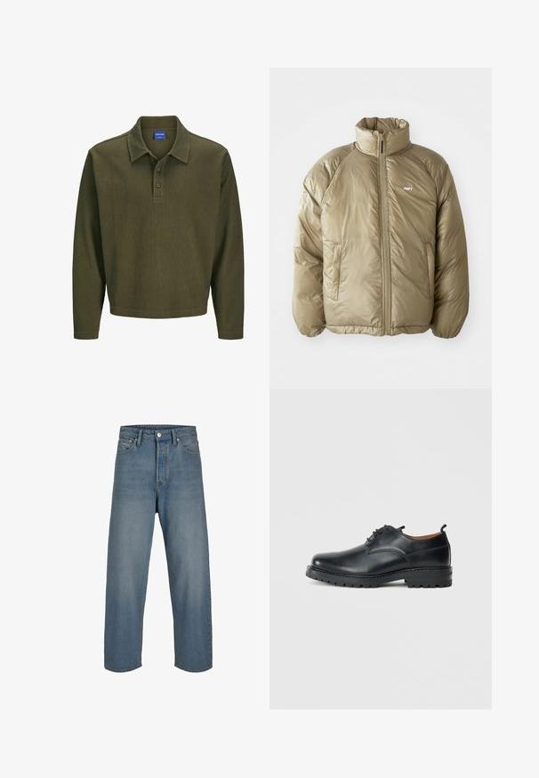 Veste rembourrée marron clair avec col montant, fermeture éclair à l'avant, poches latérales et petit logo "OBEY" blanc sur la poitrine gauche.; Polo shirt à manches longues vert olive en tissu texturé. Présente un col, une patte de boutonnage à trois boutons et une coupe décontractée.; Jean en denim bleu clair avec une coupe décontractée, taille haute et jambes droites. Comprend des poches avant et une fermeture à bouton.; Chaussures derby en cuir noir avec une texture lisse, bout rond, design à lacets et une semelle en caoutchouc épaisse et robuste.