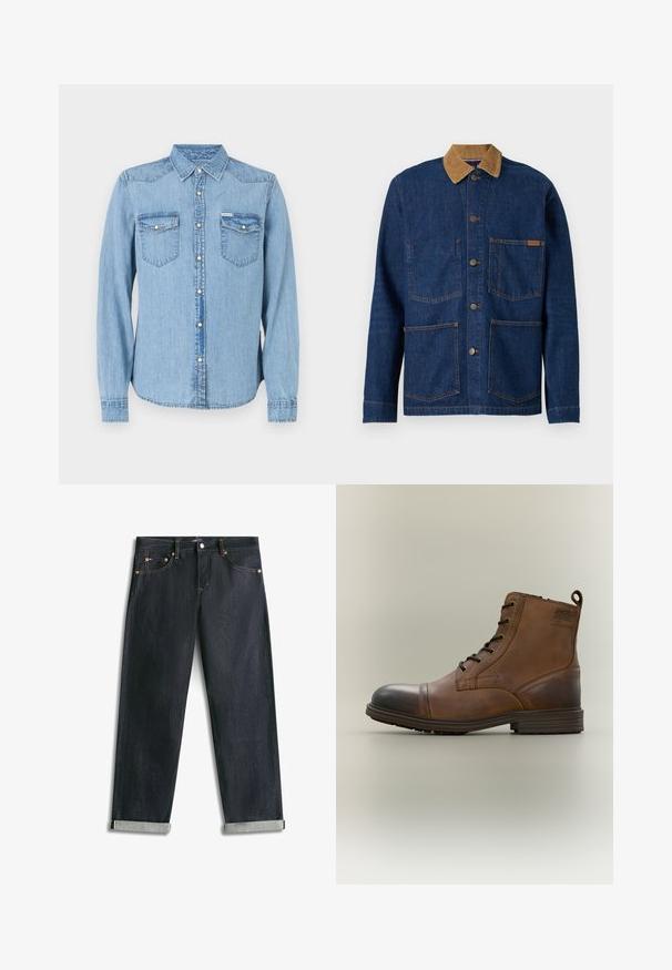 Chaqueta de denim en azul oscuro con un cuello de pana beige. Presenta cuatro bolsillos, botones metálicos y acentos de costura naranja.; Camisa de mezclilla azul claro con mangas largas, cuello puntiagudo y cierre de botones a presión. Cuenta con dos bolsillos en el pecho con solapas. Corte recto.; Vaqueros de mezclilla azul oscuro con puños enrollados, cinco bolsillos y costuras de contraste, extendidos planos sobre un fondo blanco.; Bota de cuero marrón con cordones hasta el tobillo, puntera negra, suela redonda y detalle de marca en el lateral sobre un fondo liso.