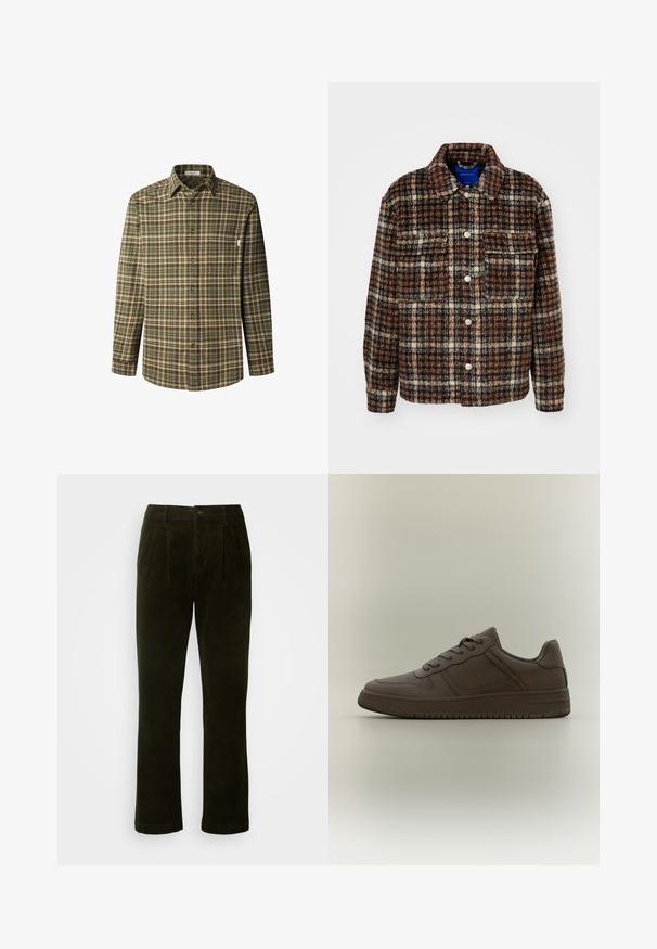 Chaqueta a cuadros en marrón, crema y navy. Hecha de tejido texturizado con un cuello, cierre de botones y dos bolsillos en el pecho.; Camisa abotonada en patrón de cuadros en verde y marrón, de mangas largas, con cuello, bolsillo en el pecho, fabricada en un tejido de algodón texturizado y con botones marrones.; Pantalones de pana verde oscura con pierna recta, que presentan pliegues frontales, un cierre de botón y un acabado de textura suave.; Zapatilla de piel marrón con diseño de corte bajo, cordones planos y suela texturizada. Presenta perforaciones sutiles y un aspecto elegante y minimalista.
