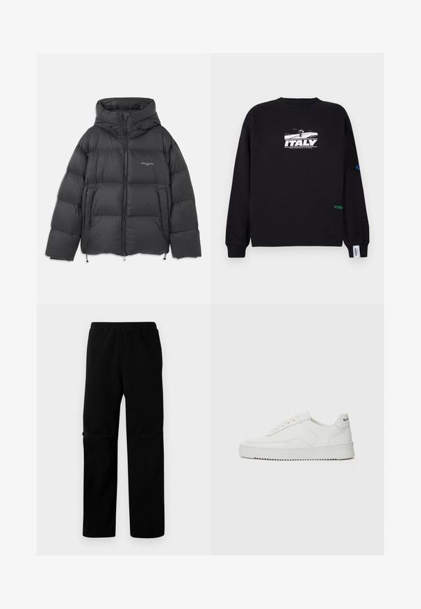 Schwarze Pufferjacke mit hohem Kragen und Kapuze, gestepptem Design, Frontreißverschluss und verstellbaren Kordeln am Saum und an der Kapuze.; Iceberg Sweatshirt - nero; Schwarze Fleece-Hosen mit elastischem Bund und geradem Bein. Glatte Textur ohne sichtbare Muster oder Beschläge.; Weiße Ledersneaker mit glatter Oberfläche, runder Zehenpartie, flachen Schnürsenkeln und strukturiertem Sohlenprofil. Mit einem dezenten Logo an der Ferse.
