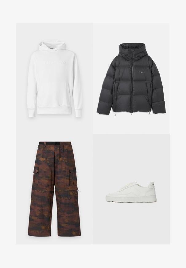 Sort puffers jakke med høj krave og hætte, quiltet design, front lynlås og justerbare snore i kanten og hætten.; Hvid hoodie med frontkangaroo-lomme, snørehætte og præget "QUARTZ CO" logo på brystet. Blødt bomuldsstof.; Cargo bukser i et brunt, tekstureret stof med et falmet, abstrakt mønster. Har brede ben, elastisk talje og flere lommer.; Hvide lædersneakers med en glat overflade, rund tå, flade snørebånd og en tekstureret sål. Har et diskret logo på hælen.